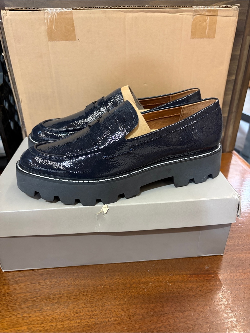 WomensNavy Patent Loafers with Chunky Sole ( box is damaged)